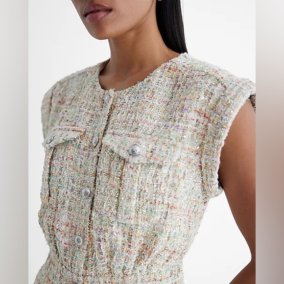 NWT Express Tweed Sequin Button Front Utility Romper - Picture 3 of 9